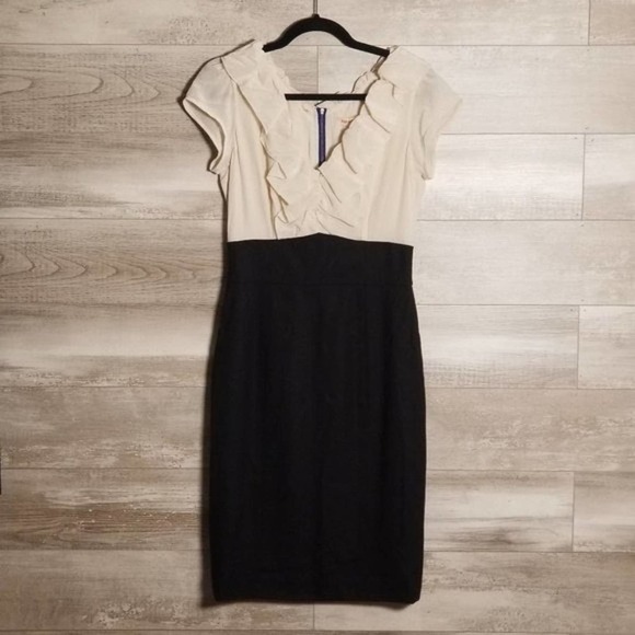 Rebecca Taylor Silk Ruffle Neckline Color Block Shift Dress White Black Size 8 - Picture 1 of 5